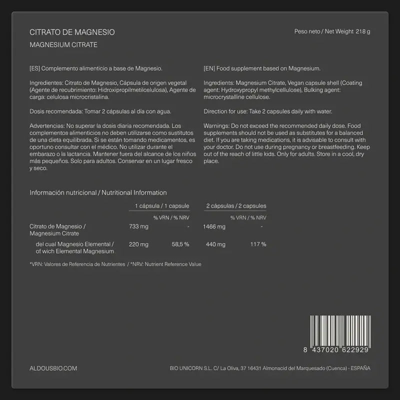 Aldous Bio Citrate de Magnésium , 250 gélules