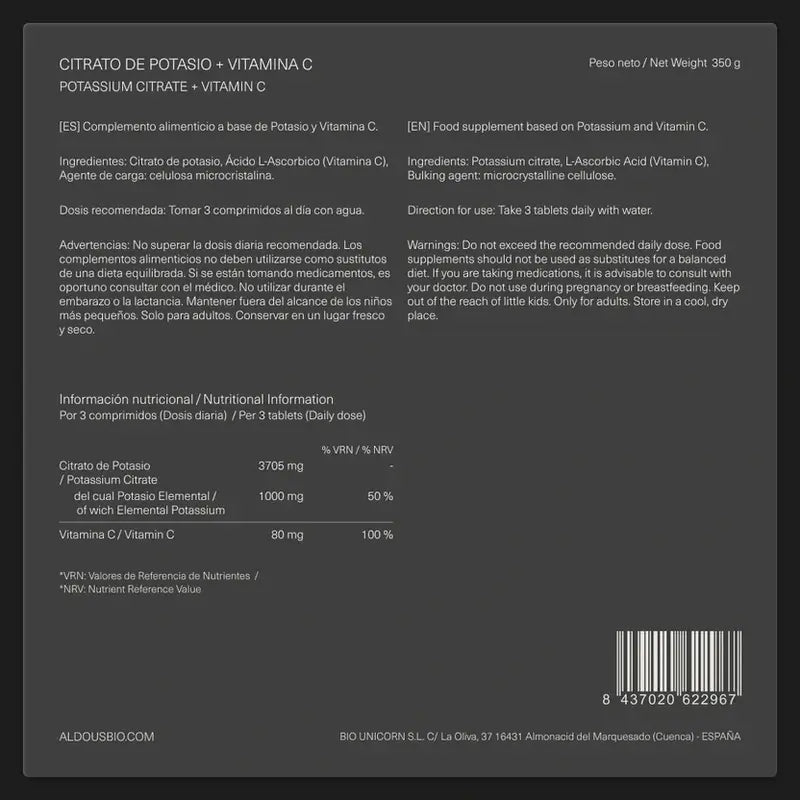Aldous Bio Citrate de Potassium , 250 comprimés