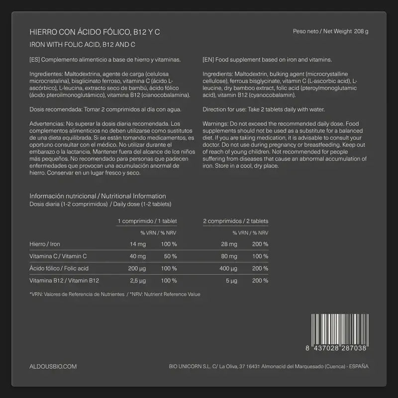 Aldous Bio Fer Vitamine C, B12 & Acide Folique , 200 gélules