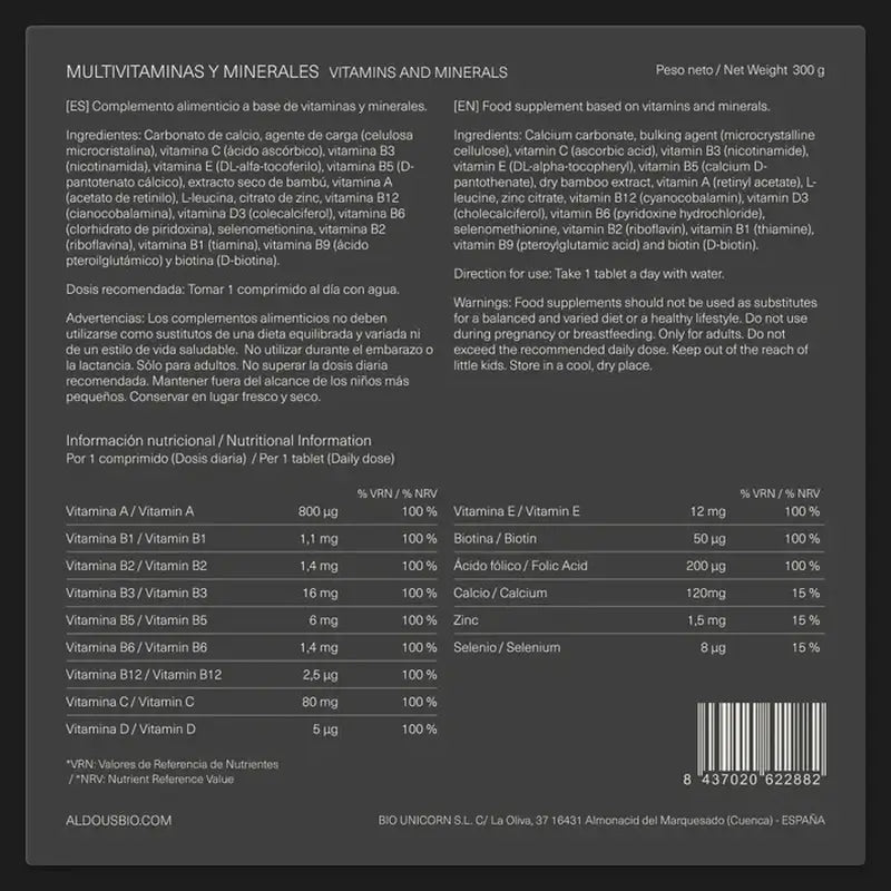 Aldous Bio Multivitamines Vitamine C, D, E, A, Vitamines B, Biotine, Acide Folique, Calcium, Zinc, Sélénium , 500 comprimés