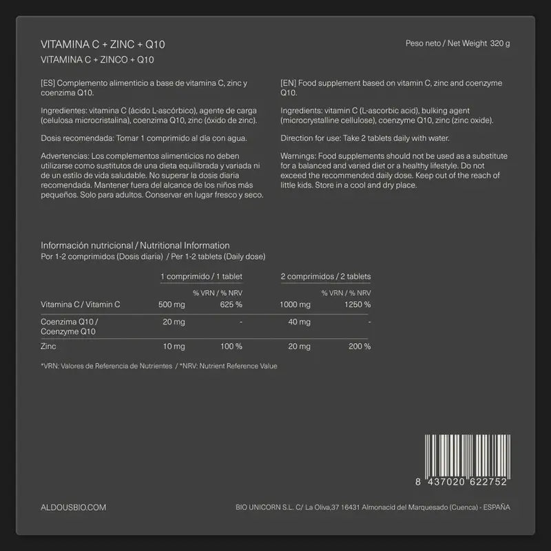 Aldous Bio Vitamine C Avec Zinc Et Coenzyme Q10, 400 comprimés