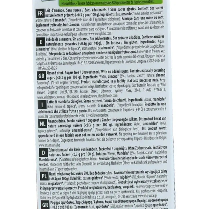 Amande Ecomil Almond Drink Nature 1Lt 6Urds Bio S/A