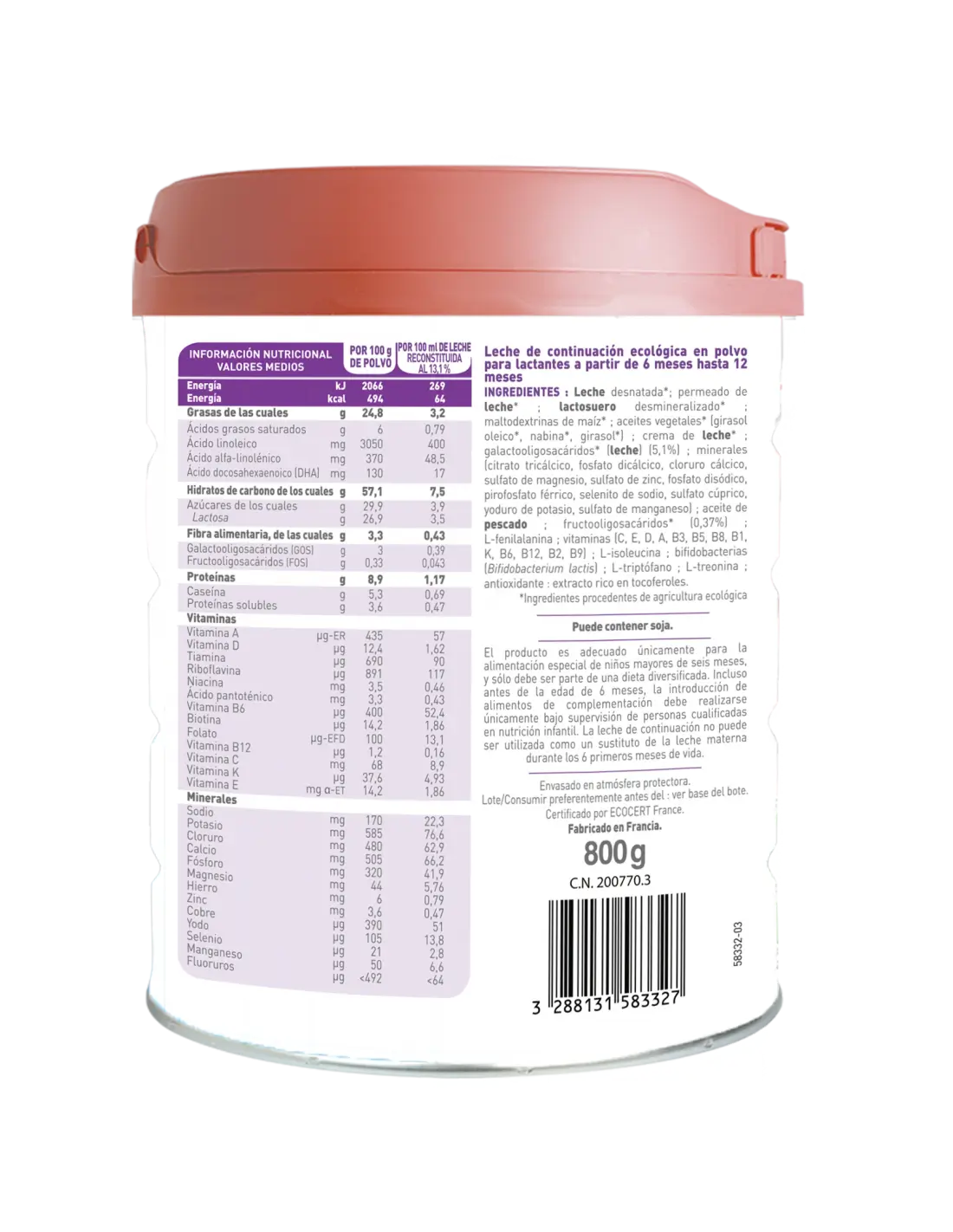 Babybio Optima 2 Lait de vache 6-12 mois, 800 g