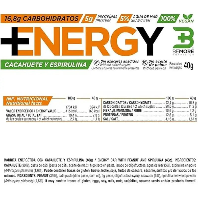 Bemore Nutrition Energy+ Barre énergétique Goût cacahuètes et spiruline