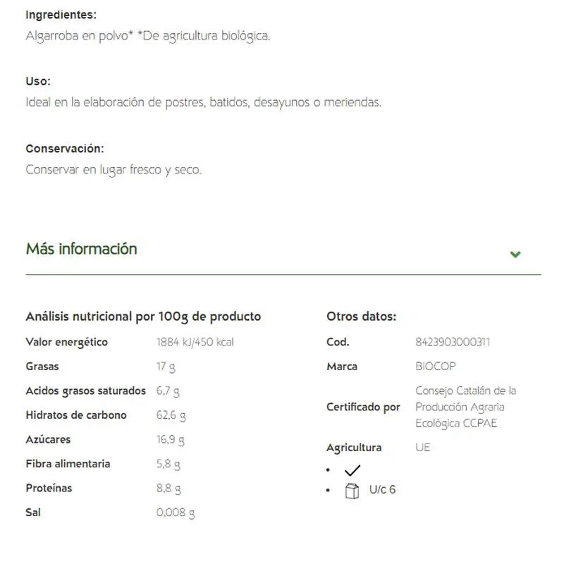 Biocop Caroube en poudre 250Gr. Bio