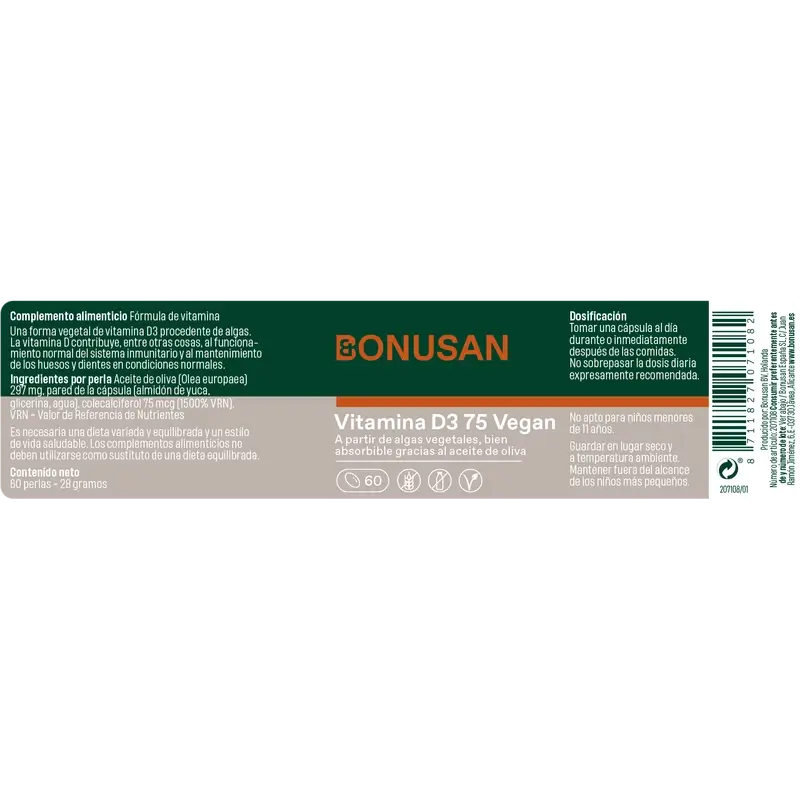 Bonusan Vitamine D3 75 Vegan, 60 perles