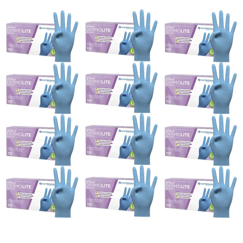 Cuatrogasa Dermolite Powder Free Nitrile Gloves Blue Size L, 12X100 Units