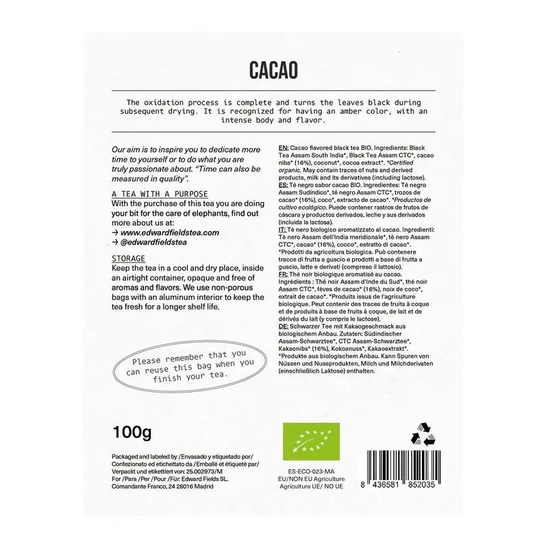 Edward Fields Tea Thé noir bio en vrac avec du cacao 50 tasses , 100 grammes