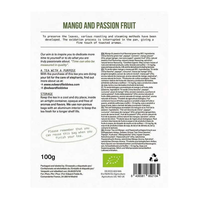 Edward Fields Tea Thé vert biologique en vrac avec mangue et fruit de la passion 50 tasses , 100 grammes