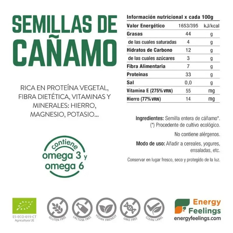 Energy Feelings Graines de chanvre 1Kg. Eco Vegan Sg