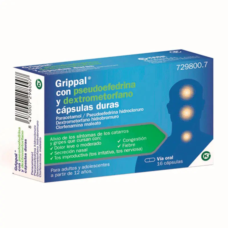 Grippal with Pseudoephredrine and Dextromethorphan 16 capsules