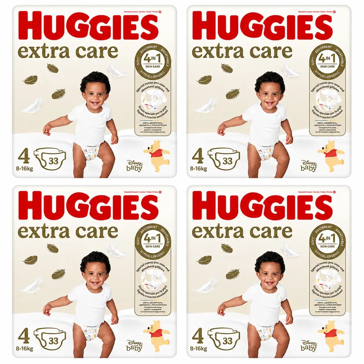 Huggies Extra Care Taille 4 (8-16 Kg) Couche pour bébé Disney, 33 pièces, paquet de 4