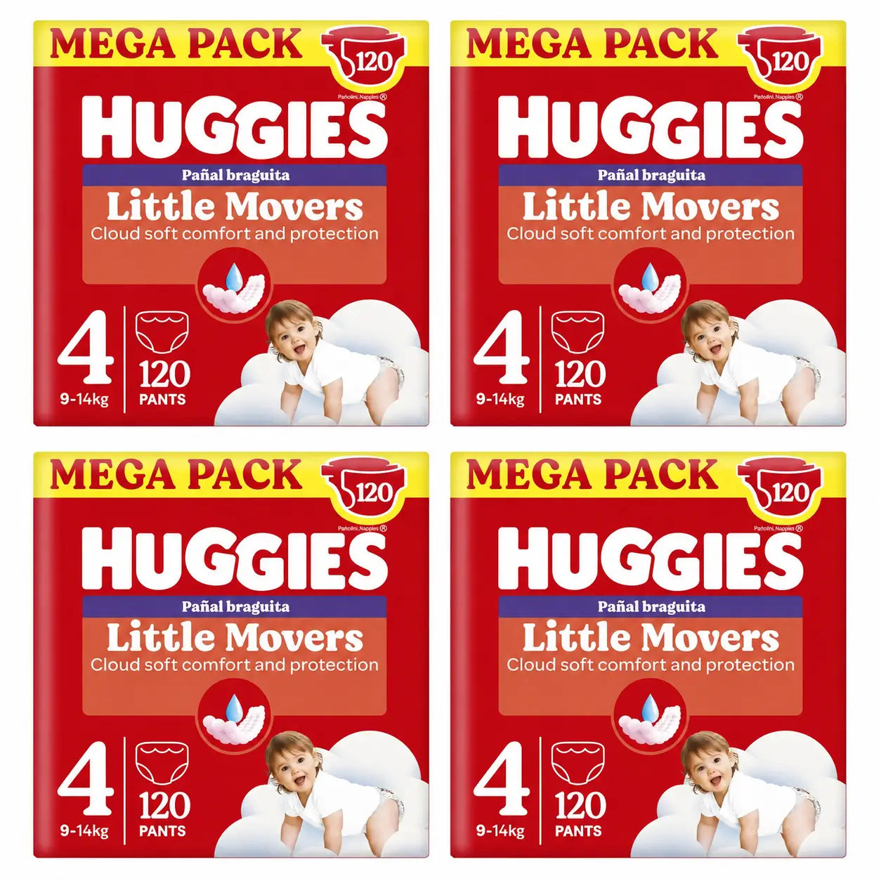Huggies Little Movers Taille 4 (9-14 Kg) Disney Baby Diaper Briefs, 120 pièces, pack 4