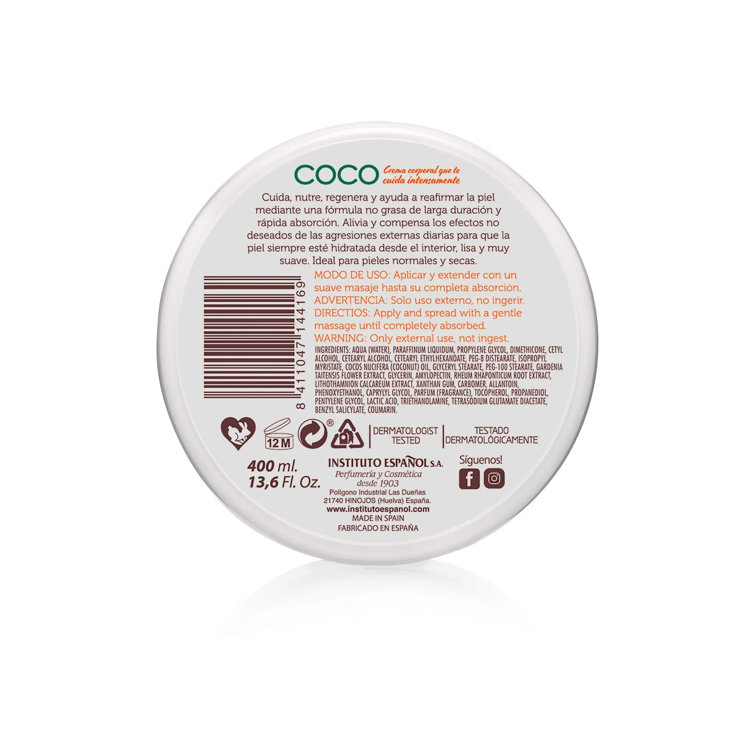 Instituto Español Pot de crème corporelle à la noix de coco - 400 Ml