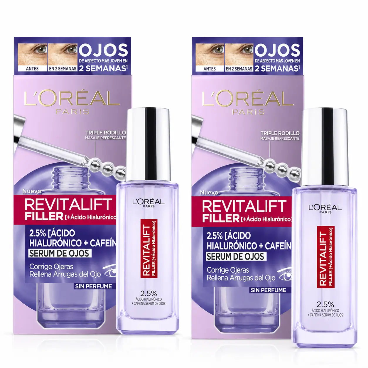 L'Oréal Paris Revitalift Filler Eye Serum : 2.5% Hyaluronic Acid & Caffeine, Triple Roll-On, pack 2