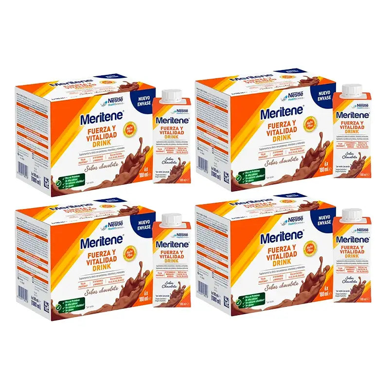 Meritene Strength & Vitality Drink Chocolate, Pack 4 Boxes 6 x 180 ml