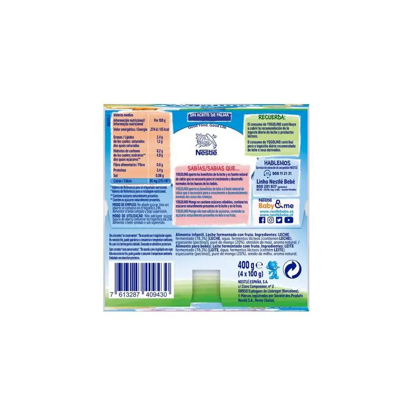 Nestlé Yogolino non sucré à la mangue, 4X100g