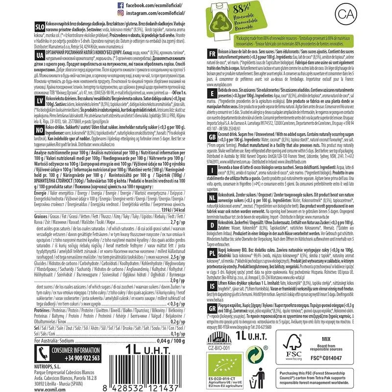 Ecomil Coconut Nature Bio, Pack 1Litre x 8 Unités