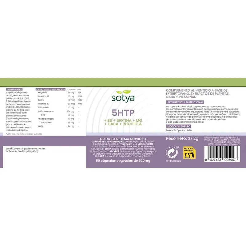 Sotya 5HTP+B6+Biotin+Mg+Gaba+Rhodiola 620mg, 60 Capsules Végétales