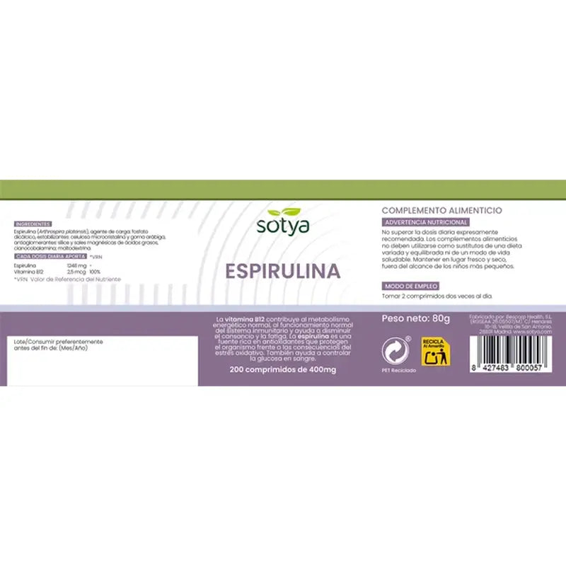 Sotya Spiruline + B12 400 Mg , 200 gélules