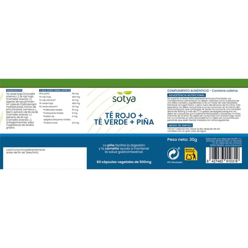 Sotya Thé Rouge + Thé Vert + Ananas 500 Mg , 60 gélules