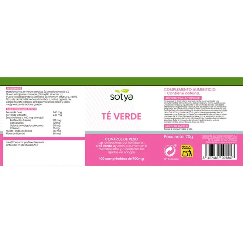 Sotya Thé Vert 700 Mg , 100 comprimés