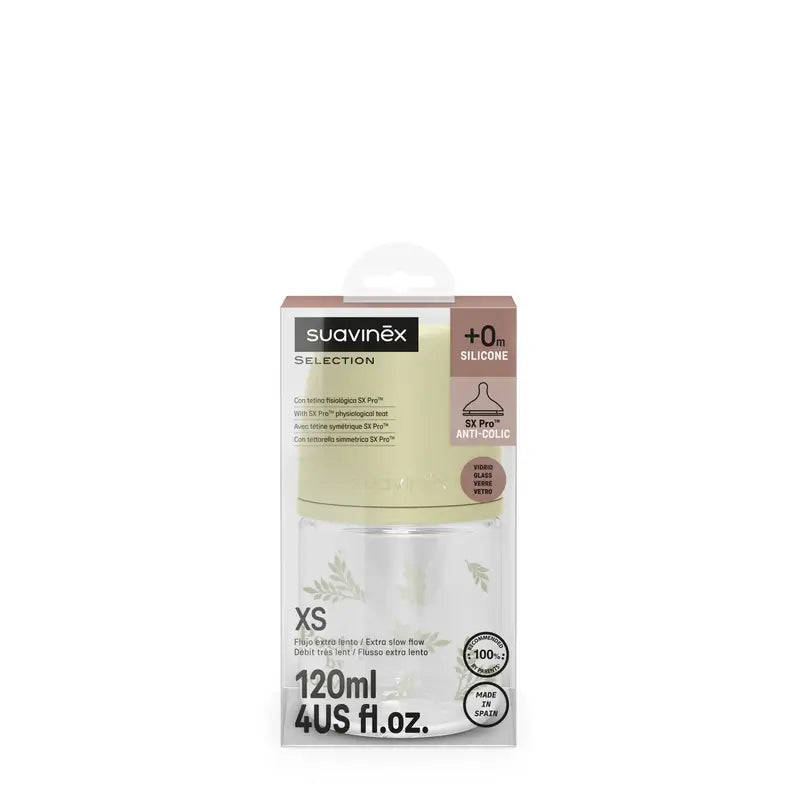 Suavinex Bouteille en verre 120 ml, débit lent (S), +0 mois, Poésie verte