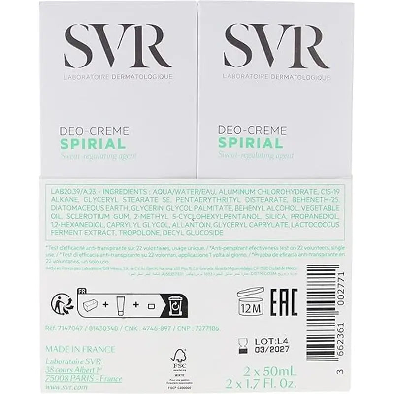 SVR Spirial Duo Déo-Crème Anti-Transpirante 48h, 2x50 ml