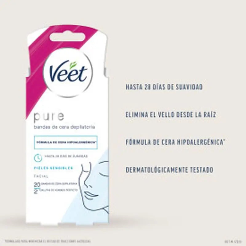 Veet Pure Cold Waxing Bandes de cire pour peau sensible, 20 unités