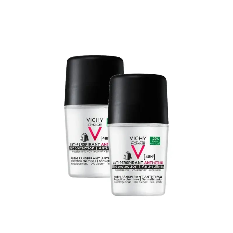 Vichy Homme Déodorant 48 h anti-transpirant et anti-taches, roll-on, 50 ml, lot de 2