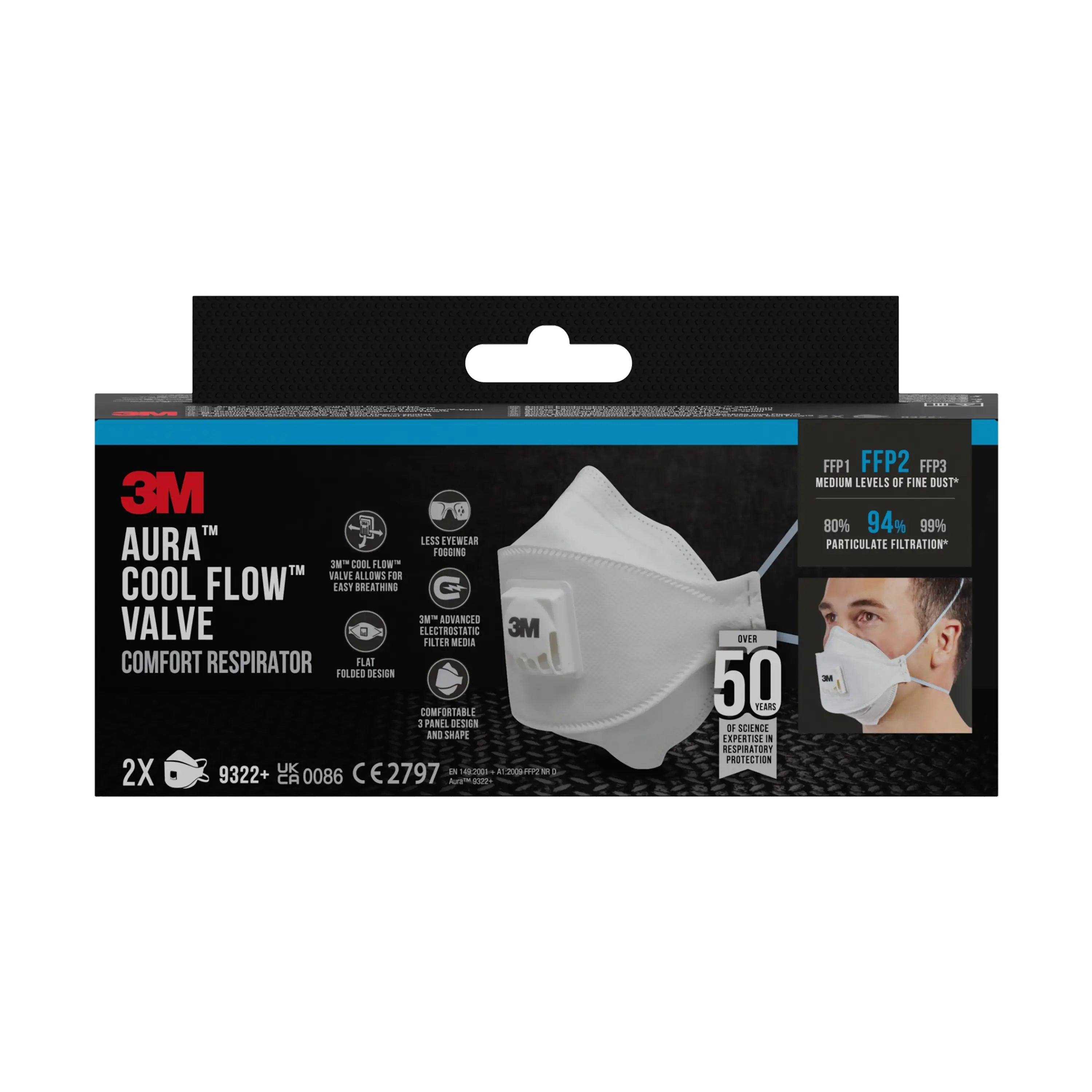 3M™ Dust & Dust Particulate Mask C/Valve 9322+ Ffp2, 2 pièces