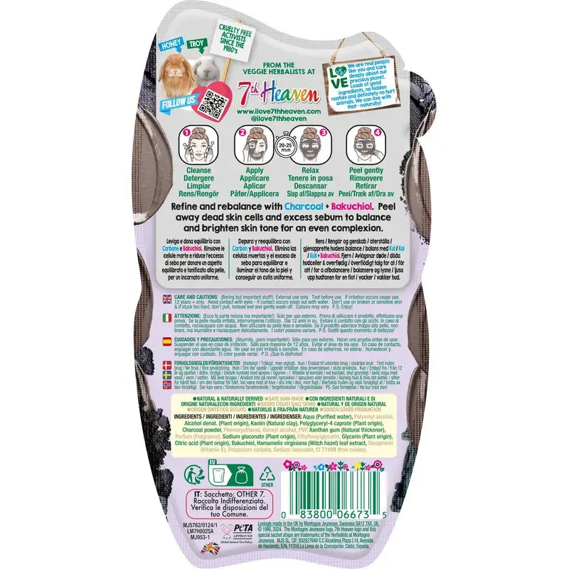 7 Heaven Peel-Off Masque rééquilibrant au charbon et à l'argile noire, 10 ml