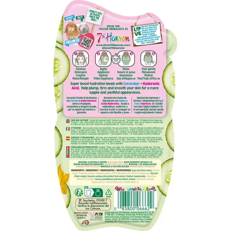7 Heaven Masque Peel-Off au Concombre avec Acide Hyaluronique Redensifiant et Raffermissant , 10 ml