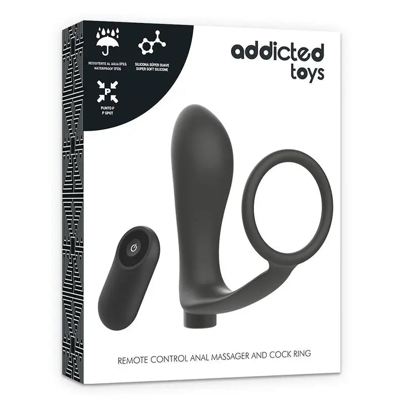 Addicted Toys Penis Ring With Rechargeable Black Remote Control Anal Plug