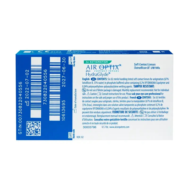 Air Optix Plus HydraGlyde Lentilles toriques mensuelles , 6 unités