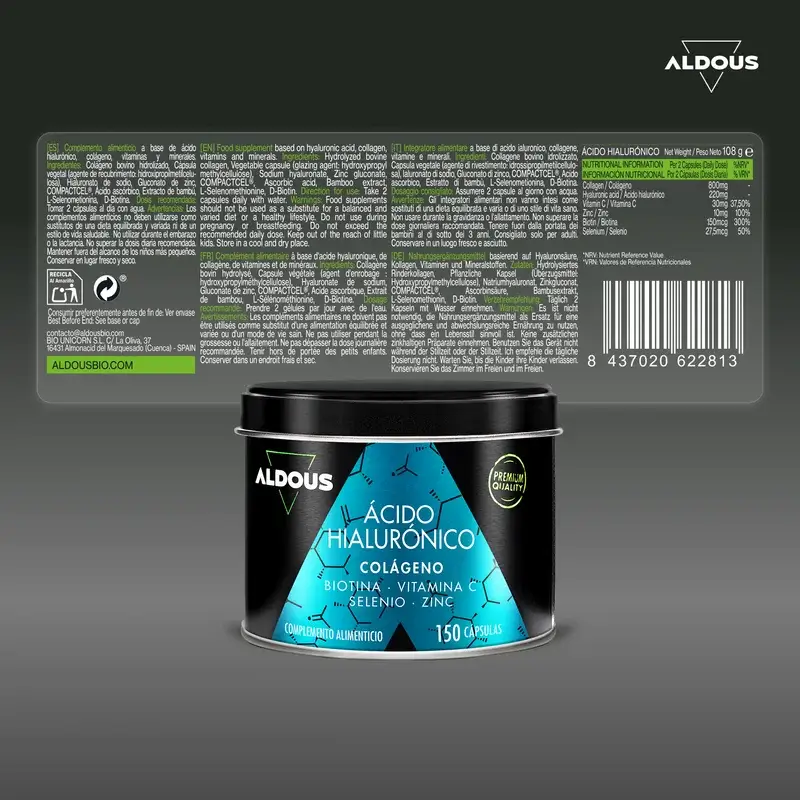 Aldous Bio Acide Hyaluronique Au Collagène, Vitamines Et Minéraux, 120 gélules