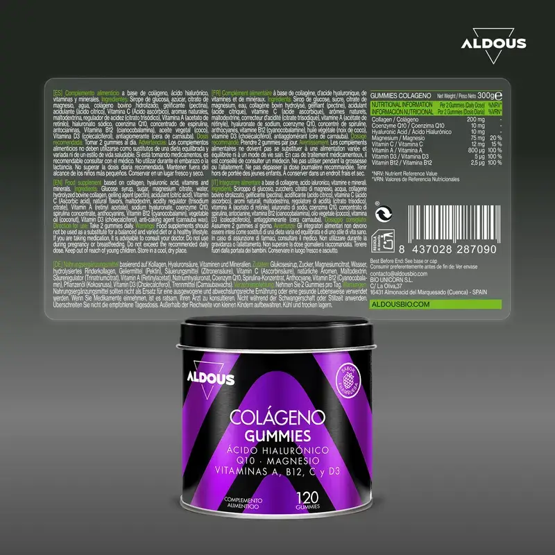 Aldous Bio Collagène Hydrolysé Avec Acide Hyaluronique, Coenzyme Q10, Zinc Et Vitamines, 120 gummies