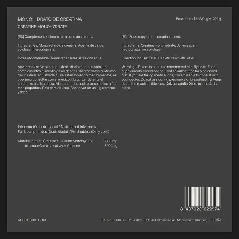 Aldous Bio Creatine Monohydrate , 200 comprimés