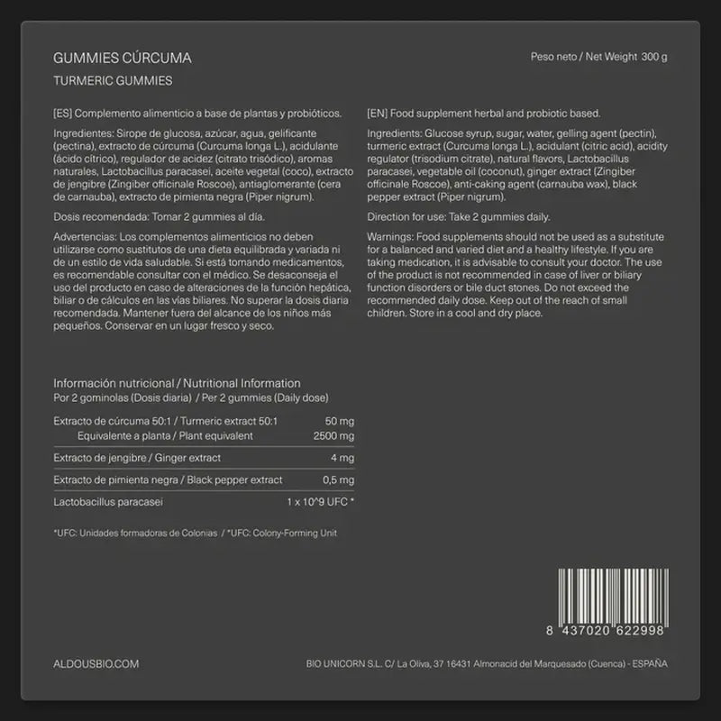 Aldous Bio Curcuma au Gingembre et Poivre Noir + Probiotiques, 120 gommes