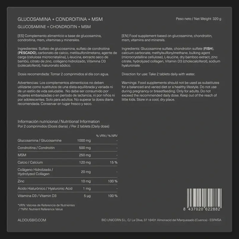 Aldous Bio Glucosamine, Chondroïtine, Msm, Collagène, Acide Hyaluronique, Zinc, Calcium & Vitamine D3 , 200 comprimés