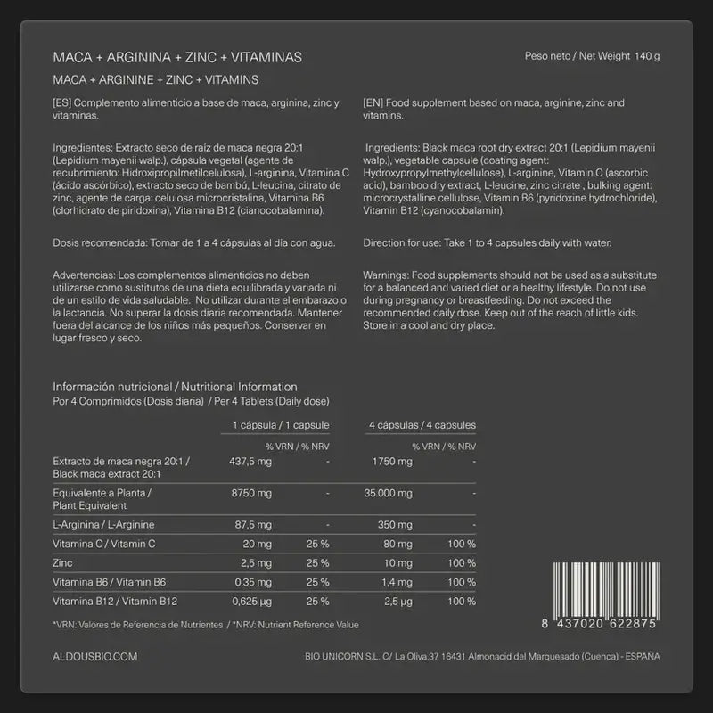 Aldous Bio Complexe Maca noire du Pérou Arginine, Zinc, Vitamine C, B12 & B6 , 200 gélules