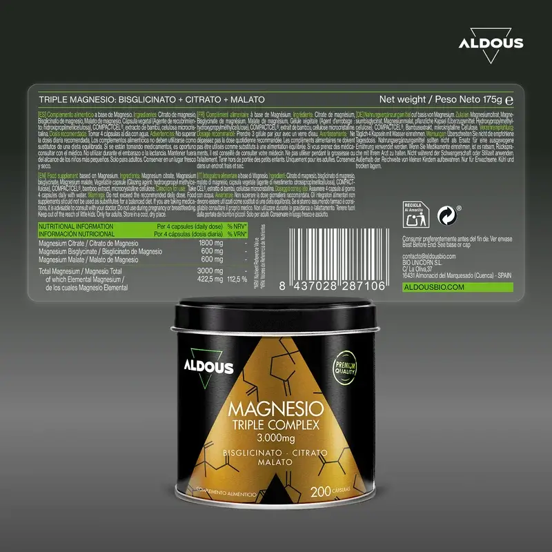 Aldous Bio Complexe Magnésium Triple 3000Mg, 200 gélules