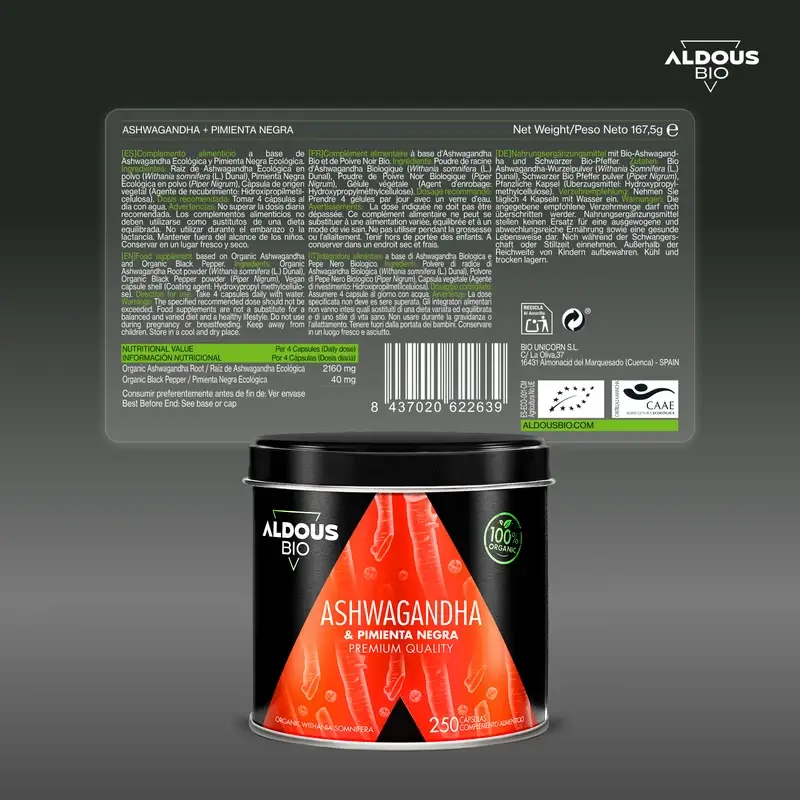 Aldous Bio Racine d'Ashwagandha au Poivre Noir , 250 gélules