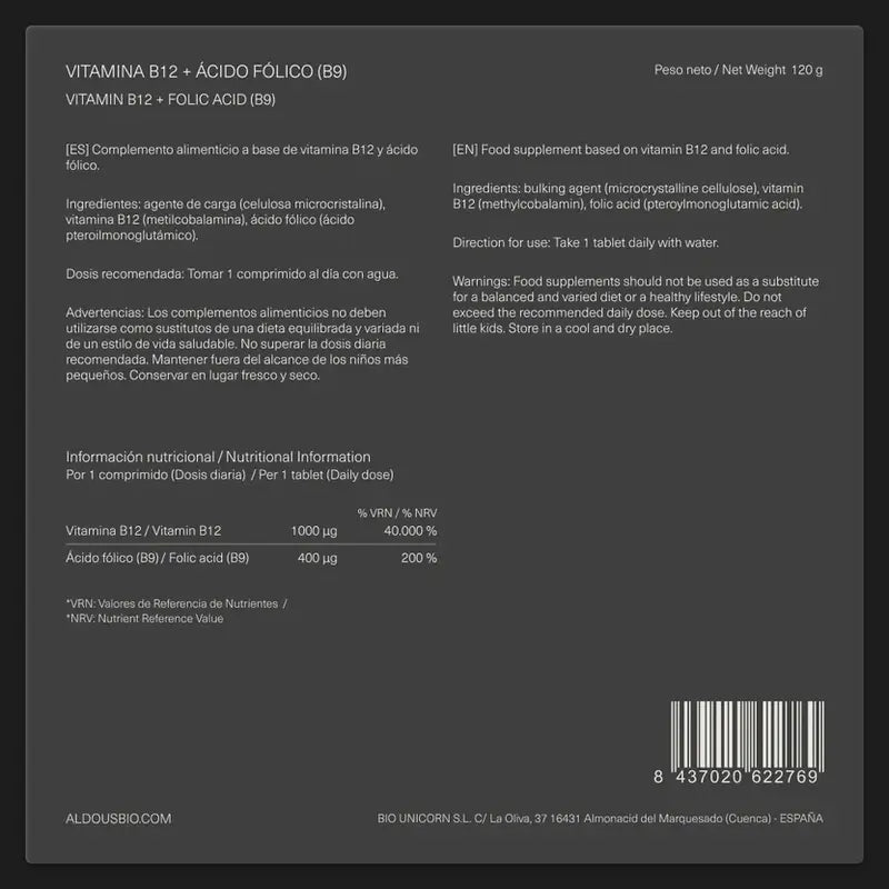 Aldous Bio Vitamine B12 Avec Acide Folique , 400 comprimés