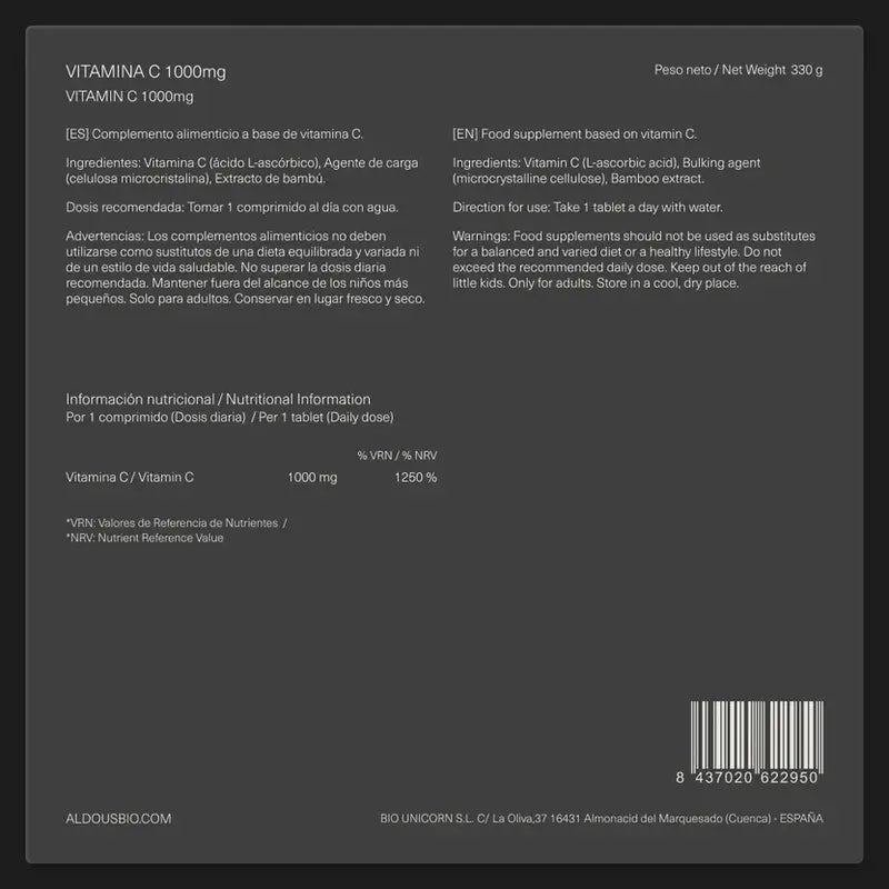 Aldous Bio Vitamine C 1000 Mg Pure , 250 comprimés