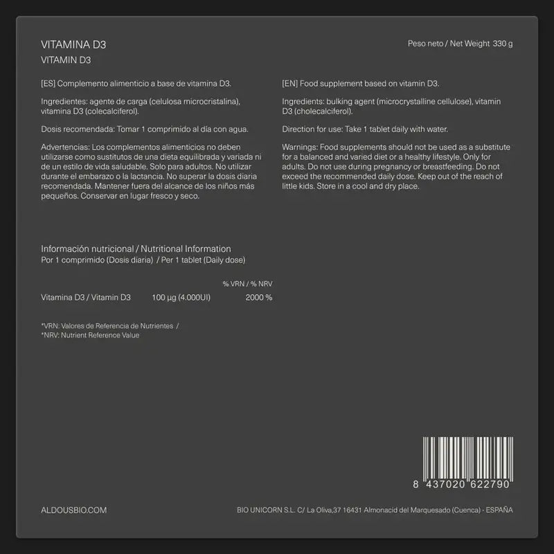 Aldous Bio Vitamine D3 4000 Ui Aldous, 500 comprimés