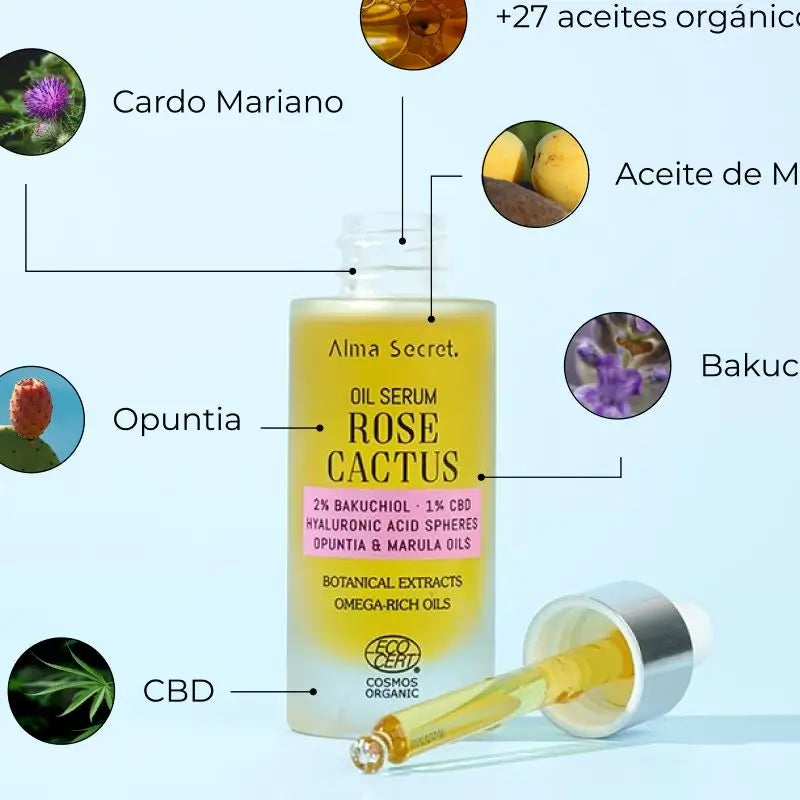 Alma Secret Sérum-Huile de cactus rose avec 2% de Bakuchiol, 1% de Cbd et A. Hyaluronic A.