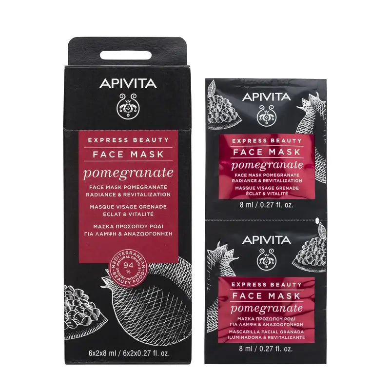 Apivita Express Beauty Pomegranate Facial Mask - Brightening & Revitalising, 2x8 ml
