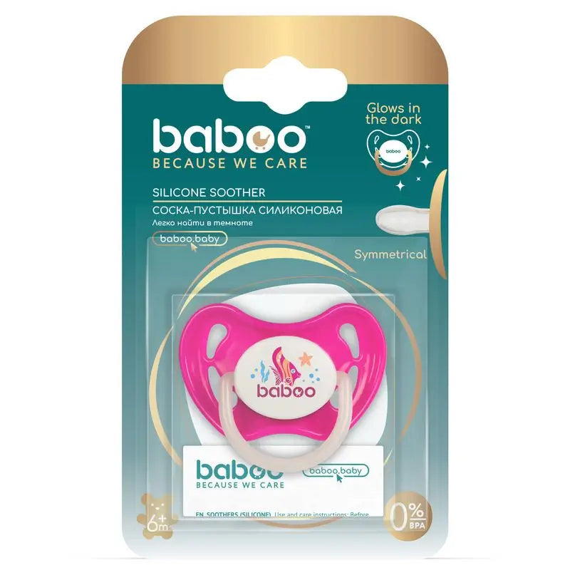 Baboo Symmetrical Silicone Soother, Glow In The Dark, 6+ Months Pink