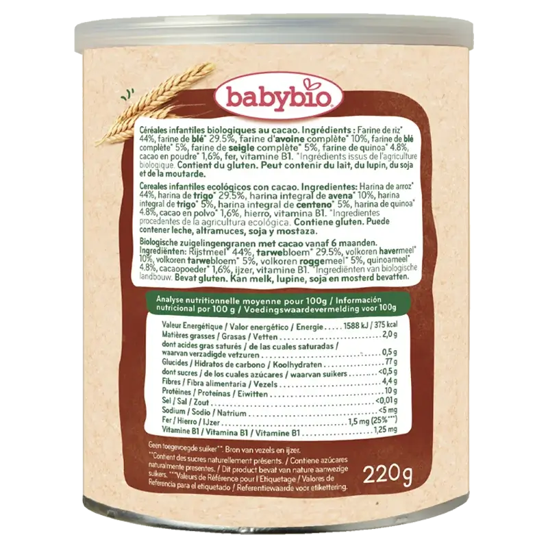 Babybio 5 céréales avec cacao, paquet de 3 x 220 grammes